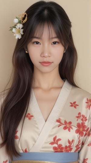 a woman with long dark hair, wearing a kimono, adorned with a blue ribbon and a floral pattern. She is adorned with gold earrings, a white flower, and a gold crown. Her hair cascades over her shoulders, adding a touch of beauty to her face. The backdrop is a cream-colored wall.photography, masterpiece, best quality, 8K, HDR, highres, absurdres:1.2, Kodak portra 400, film grain, blurry background, bokeh:1.2, lens flare, (vibrant color:1.2)