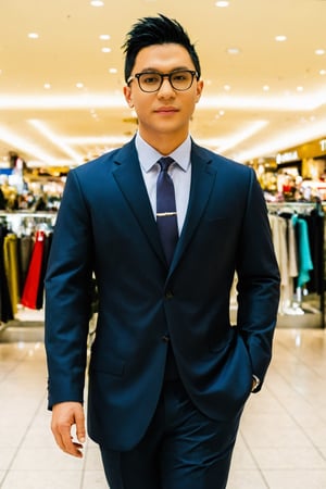 ,formal dress , 1man, black hair, male focus, glasses, shopping mall