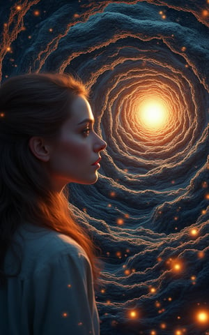 A View to the infinity, a Woman with a face who looks like a fusion between Amy Adams, Gal Gedot and Kate Bakinsale, full body view, Shows emotions, Artwork "Emotions distort reality", a twighlight mood, some bright lights, intricate artwork masterpiece, ominous, matte painting movie poster, golden ratio, trending on cgsociety, intricate, epic, trending on artstation, by artgerm, and beksinski, highly detailed, vibrant, production cinematic character render, ultra high quality model, close up portrait photo by Annie Leibovitz, film, studio lighting, detailed skin, ultra realistic, bokeh, sharp features, close up portrait photo by Annie Leibovitz, film, studio lighting, detailed skin, ultra realistic, bokeh, sharp features