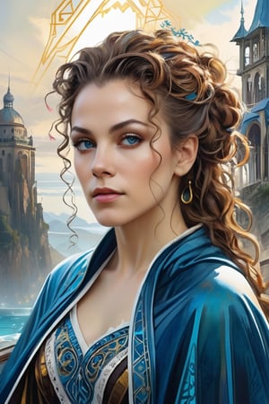 Alyssa Milano as The beautiful character Aes Sedai Moiraine Damodred, long brown curly hair, white skin, Age 45, blue victorian dress, blue cape, long wooden stick in here hand, amazing landscape as background, Art by karol bak, cyberpunk princess, colorful curly hairstyle, beautiful face, detailed eyes, cyperpunk landscape as background, lace, filigree, geometric patterns, neons, glowing lights, bioluminescence, line art with watercolor wash highly detailed, sharp focus, smooth transitions, dynamic, highly polished, influenced by Carne Griffiths, Wadim Kashim, and Carl Larsson, intricate and flowing line-art work, bold color and texture, light and airy composition, Pascal Blanche, hyper-realistic character designs and matte painting techniques, dramatic and expressive camera angle, matte painting concept art,  golden ratio, balanced composition, highly polished and elegant, cinematic character render, intricate artwork masterpiece, trending on CGSociety and Artstation.