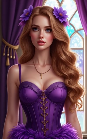 Amy Adams as beauty woman with long, wavy blonde hair, wearing a purple corset and a purple dress. Her dress is adorned with purple feathers, adding a touch of color to the scene. The womans eyes are a deep blue, and her lips are a lighter shade of pink. The hair is a light brown, and she's wearing a pair of purple flowers on her head. The backdrop is a stained glass window, with purple drapes hanging from the window.