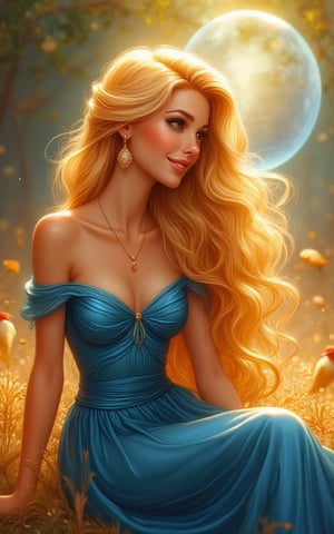 A smiling beautiful nymph as a Disney Art, with blonde long hair cascading down her back, an elegant blue silk dress, a spherical light illuminating her dramatic pose, sitting atop a bed of honey birdette feathers, a delicate neckline accentuating her beauty, and a fantasy concept art backdrop. 