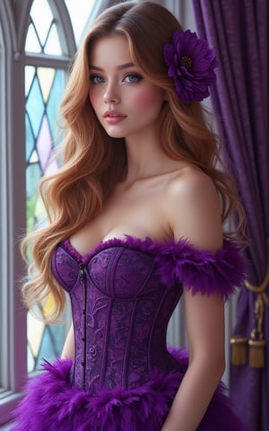 a beauty woman with long, wavy blonde hair, wearing a purple corset and a purple dress. Her dress is adorned with purple feathers, adding a touch of color to the scene. The womans eyes are a deep blue, and her lips are a lighter shade of pink. The hair is a light brown, and she's wearing a pair of purple flowers on her head. The backdrop is a stained glass window, with purple drapes hanging from the window.