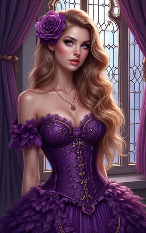 a beauty woman with long, wavy blonde hair, wearing a purple corset and a purple dress. Her dress is adorned with purple feathers, adding a touch of color to the scene. The womans eyes are a deep blue, and her lips are a lighter shade of pink. The hair is a light brown, and she's wearing a pair of purple flowers on her head. The backdrop is a stained glass window, with purple drapes hanging from the window.