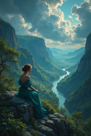 Portrait of  Virgin Loreley, portrait of a beauty young woman is sitting on a rock looking over a lush green valley with high cliffs, a river and big stormy clouds, breathtaking view, twilight mood, bright colors, exquisite details, Masterpiece painted by Artgerm, Cinematic lighting, trending on artstation, sharp focus, intricate details, highly detailed, by greg rutkowski
