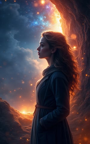 A View to the infinity, a Woman with a face who looks like a fusion between Amy Adams, Gal Gedot and Kate Bakinsale, full body view, Shows emotions, Artwork "Emotions distort reality", a twighlight mood, some bright lights, intricate artwork masterpiece, ominous, matte painting movie poster, golden ratio, trending on cgsociety, intricate, epic, trending on artstation, by artgerm, and beksinski, highly detailed, vibrant, production cinematic character render, ultra high quality model, close up portrait photo by Annie Leibovitz, film, studio lighting, detailed skin, ultra realistic, bokeh, sharp features, close up portrait photo by Annie Leibovitz, film, studio lighting, detailed skin, ultra realistic, bokeh, sharp features