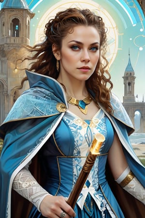 Alyssa Milano as The beautiful character Aes Sedai Moiraine Damodred, long brown curly hair, white skin, Age 45, blue victorian dress, blue cape, long wooden stick in here hand, amazing landscape as background, Art by karol bak, cyberpunk princess, colorful curly hairstyle, beautiful face, detailed eyes, cyperpunk landscape as background, lace, filigree, geometric patterns, neons, glowing lights, bioluminescence, line art with watercolor wash highly detailed, sharp focus, smooth transitions, dynamic, highly polished, influenced by Carne Griffiths, Wadim Kashim, and Carl Larsson, intricate and flowing line-art work, bold color and texture, light and airy composition, Pascal Blanche, hyper-realistic character designs and matte painting techniques, dramatic and expressive camera angle, matte painting concept art,  golden ratio, balanced composition, highly polished and elegant, cinematic character render, intricate artwork masterpiece, trending on CGSociety and Artstation.