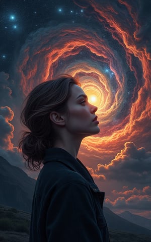 A View to the infinity, a Woman with a face who looks like a fusion between Amy Adams, Gal Gedot and Kate Bakinsale, full body view, Shows emotions, Artwork "Emotions distort reality", a twighlight mood, some bright lights, intricate artwork masterpiece, ominous, matte painting movie poster, golden ratio, trending on cgsociety, intricate, epic, trending on artstation, by artgerm, and beksinski, highly detailed, vibrant, production cinematic character render, ultra high quality model, close up portrait photo by Annie Leibovitz, film, studio lighting, detailed skin, ultra realistic, bokeh, sharp features, close up portrait photo by Annie Leibovitz, film, studio lighting, detailed skin, ultra realistic, bokeh, sharp features