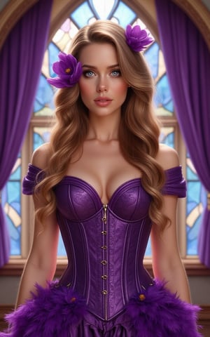 Amy Adams as beauty woman with long, wavy blonde hair, wearing a purple corset and a purple dress. Her dress is adorned with purple feathers, adding a touch of color to the scene. The womans eyes are a deep blue, and her lips are a lighter shade of pink. The hair is a light brown, and she's wearing a pair of purple flowers on her head. The backdrop is a stained glass window, with purple drapes hanging from the window.