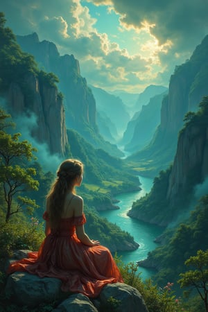 Portrait of  Virgin Loreley, portrait of a beauty young woman is sitting on a rock looking over a lush green valley with high cliffs, a river and big stormy clouds, breathtaking view, twilight mood, bright colors, exquisite details, Masterpiece painted by Artgerm, Cinematic lighting, trending on artstation, sharp focus, intricate details, highly detailed, by greg rutkowski
