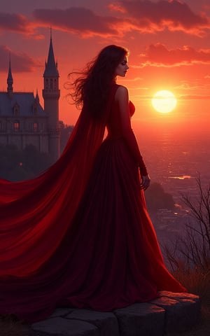 Vampirella with sexy dark red dress, against a castle background bathed in twilight ambience, Greg Rutkowski style comic painting, silhouette against setting sun, city lights beginning to twinkle, cape billowing, dramatic pose, strong contrast, glowing emblem, detailed skyline, dynamic shadows, cinematic, highly detailed.