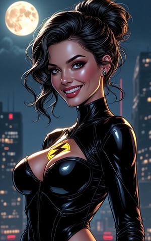 Brooke Blackout, a new comic character, a blend of  Brooke Burns and Heidi Klum, Full body portrait inspired of a Rubens and Artgerm, clear and detailed eyes and face, Large breasts, updo hairstyle, high voltage black hero dress with a flash symbol, smiling, a moonlight night with a dark  cityline as background, featuring extremely detailed face features with a focus on the intricacy of the pupils, soft skin texture, under daylight that casts a mysterious aura enhanced by film grain, cinematic, ultra-detailed, soft-focus background.

