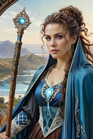 Alyssa Milano as The beautiful character Aes Sedai Moiraine Damodred, long brown curly hair, white skin, Age 45, blue victorian dress, blue cape, long wooden stick in here hand, amazing landscape as background, Art by karol bak, cyberpunk princess, colorful curly hairstyle, beautiful face, detailed eyes, cyperpunk landscape as background, lace, filigree, geometric patterns, neons, glowing lights, bioluminescence, line art with watercolor wash highly detailed, sharp focus, smooth transitions, dynamic, highly polished, influenced by Carne Griffiths, Wadim Kashim, and Carl Larsson, intricate and flowing line-art work, bold color and texture, light and airy composition, Pascal Blanche, hyper-realistic character designs and matte painting techniques, dramatic and expressive camera angle, matte painting concept art,  golden ratio, balanced composition, highly polished and elegant, cinematic character render, intricate artwork masterpiece, trending on CGSociety and Artstation.