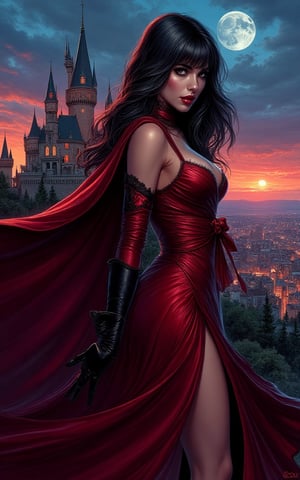 Vampirella with sexy dark red dress, long straight hair with line bangs, beauty face, against a castle background bathed in twilight ambience, Greg Rutkowski style comic painting, city lights beginning to twinkle, cape billowing, dramatic pose, strong contrast, glowing emblem, detailed skyline, dynamic shadows, cinematic, highly detailed.