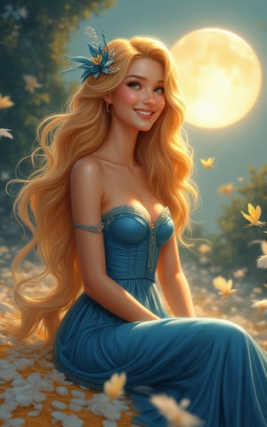 A smiling beautiful nymph as a Disney Art, with blonde long hair cascading down her back, an elegant blue silk dress, a spherical light illuminating her dramatic pose, sitting atop a bed of honey birdette feathers, a delicate neckline accentuating her beauty, and a fantasy concept art backdrop. 