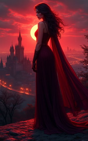 Vampirella with sexy dark red dress, against a castle background bathed in twilight ambience, Greg Rutkowski style comic painting, silhouette against setting sun, city lights beginning to twinkle, cape billowing, dramatic pose, strong contrast, glowing emblem, detailed skyline, dynamic shadows, cinematic, highly detailed.