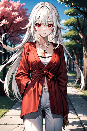 An 18 year old Japanese girl with long white hair and red eyes in a park with peach trees wearing a red shirt and white trouser with a golden cross necklace 