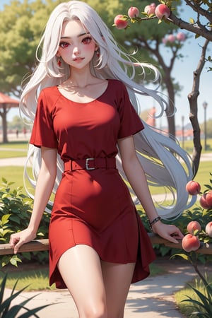 An 18 year old girl with long white hair and red eyes in a park with peach trees wearing a red dress