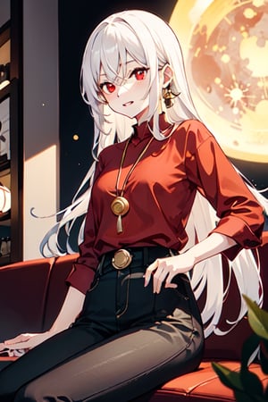 18 year old Japanese girl with a medium chest with long white hair and red eyes wearing red shirt with black pants and a golden moon amulet in a Cafe in the vip seat