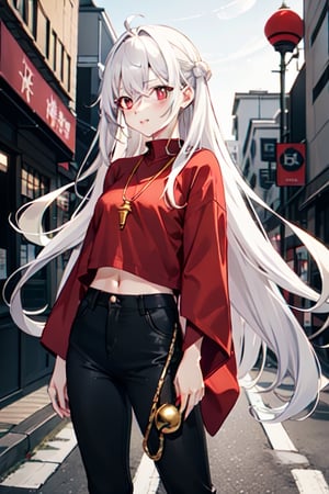 18 year old Japanese girl with a medium chest with long white hair and red eyes wearing red shirt with black pants and a golden moon amulet on a street