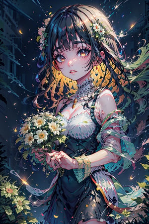 Highly detailed, High Quality, Masterpiece, beautyful (medium long shot) 1girl, sola, backwards, black-hair, purple_eye, bouquet of flowers green in hands, thigh-length , detailed backgroud