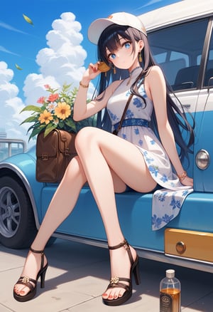 score_9, score_8_up, score_7_up, score_6_up, score_5_up, score_4_up,source_anime,

1girl, solo, long hair, looking at viewer, bangs, blue eyes, shirt, black hair, hat, dress, holding, jewelry, sitting, full body, flower, earrings, outdoors, parted lips, food, sky, shoes, shorts, sleeveless, day, cloud, bag, nail polish, high heels, bracelet, blue sky, bare legs, sleeveless shirt, leaf, white headwear, floral print, sandals, bottle, plant, ground vehicle, baseball cap, toenails, toenail polish, print dress