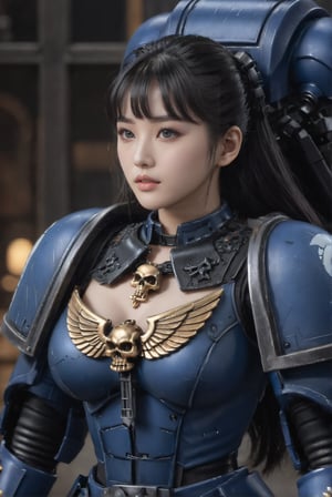 (medium shot:1.15)/(from above, from front). 1girl. A 17-years-old ethereal breathtakingly glamorous korean idol/(very busty, black hair/(long ponytail:1.12), perfect model body, an ethereal beautiful face/(translucent skin texture, porcelain skin tone), wearing exquisite gothic armor/(an aesthetic fusion of Knight armor and black train gown, skull, wings), black pauldron/(Ultramarines), Tartaros Pattern, holding weapon/(holding bolter, holding gun)). award-winning, masterpiece, (hyperrealistic:1.2), depth of field, 8k uhd, high resolution, perfect detail, intricate detail, raw photo, photo_b00ster