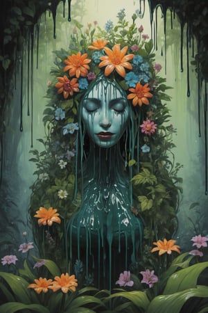 Stylized, intricate, detailed, artistic, dripping paint, plantwoman, flowers, enchanted forest, creepy aesthetic,