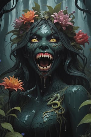 Stylized, intricate, detailed, artistic, dripping paint, terrifying monster woman, sharp teeth, snake eyes, evil, flowers, enchanted forest, creepy aesthetic, dark,