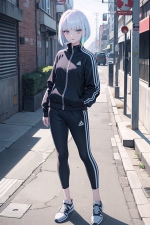 Lucy, short hair, multicolored hair, blunt bangs, asymmetrical hair, sidelocks, makeup, red eyeliner, red lips,

wearing adidas tracksuit,

urban street scenery,