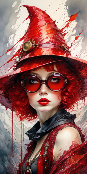 young beautiful girl wearing witch hat, ((short red hair)), wearing red sunglasses, barids, portrait, 8k resolution photorealistic masterpiece, intricately detailed fluid painting, by Jean Baptiste Monge, acrylic: colorful watercolor art, cinematic lighting, maximalist photoillustration, 8k resolution concept art intricately detailed, complex, elegant, expansive, fantastical, psychedelic realism, dripping paint,greg rutkowski,detailmaster2,photo r3al