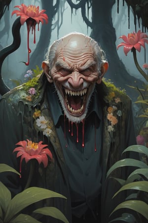 Stylized, intricate, detailed, artistic, dripping paint, terrifying mutated old man, sharp teeth, snake eyes, hunched back, evil, flowers, enchanted forest, creepy aesthetic, dark,