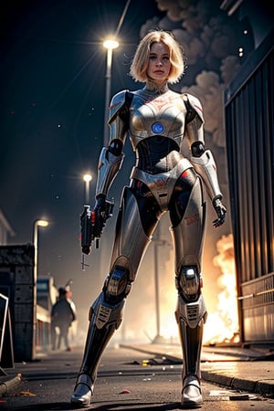 a beautiful girl with short blonde hair, wearing Robocop ((mecha body)), standing with action stance at on fire ruined city, blood and dirt all over her face, full body, sci-fi, (sci-fi gun+++)

foggy at background, depth of field, bokeh, into the dark, deep shadow, cinematic, masterpiece, best quality, high resolution