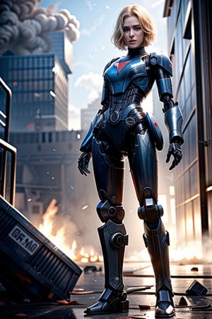 a beautiful girl with short blonde hair, wearing Robocop ((mecha body)), standing with action stance at on fire ruined city, blood and dirt all over her face, full body, sci-fi, massive sci-fi gun

foggy at background, depth of field, bokeh, into the dark, deep shadow, cinematic, masterpiece, best quality, high resolution