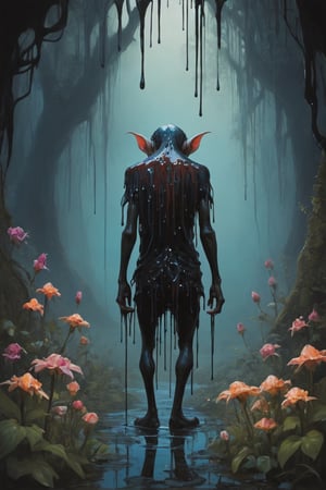 Stylized, intricate, detailed, artistic, dripping paint, creepy imp, hunched back, flowers, enchanted forest, creepy aesthetic,