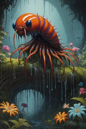 Stylized, intricate, detailed, artistic, dripping paint, nasty giant centipede, flowers, enchanted forest, creepy aesthetic,