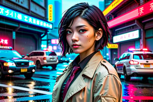 a beautiful confident asian girl with short black hair shaved on one side, wet hair, one (mechanical arm+++), wearing beige trenchcoat, (black shirt++), (maroon tie++), cyberpunk aesthetic, police, (detective+++), raining, at night (dark), under bridge, police cars, police sirens (red and blue), (red and blue neon lights), tokyo, 1girl, 

foggy at background, depth of field, bokeh, into the dark, deep shadow, cinematic, masterpiece, best quality, high resolution,1 girl,best quality