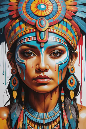 Stylized, intricate, detailed, artistic, dripping paint, aztec woman, facing viewer, psychedelic,
