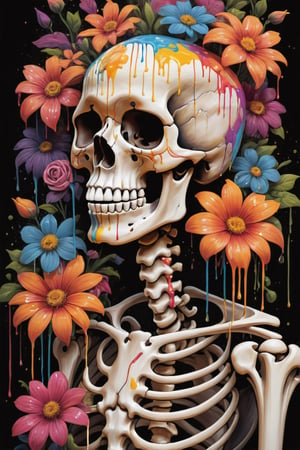 Stylized, intricate, detailed, artistic, dripping paint, human skeleton, psychedelic, flowers, dark background, crying paint,