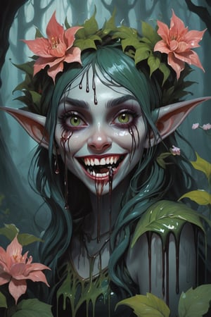 Stylized, intricate, detailed, artistic, dripping paint, creepy wicked elf girl, sharp teeth, flowers, evil, enchanted forest, creepy aesthetic, dark,