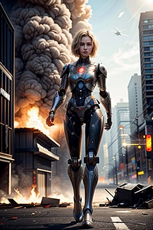 a beautiful girl with short blonde hair, wearing Robocop ((mecha body)), standing with action stance at on fire ruined city, blood and dirt all over her face, full body, sci-fi, (massive sci-fi gun+++)

foggy at background, depth of field, bokeh, into the dark, deep shadow, cinematic, masterpiece, best quality, high resolution