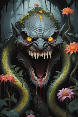 Stylized, intricate, detailed, artistic, dripping paint, terrifying monster old man, sharp teeth, snake eyes, evil, flowers, enchanted forest, creepy aesthetic, dark,
