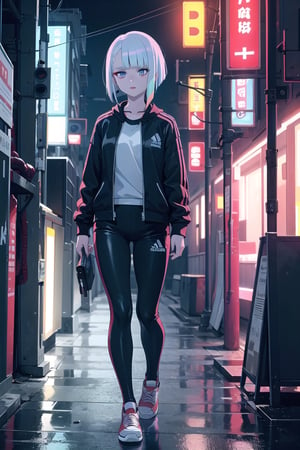 Lucy, short hair, multicolored hair, blunt bangs, asymmetrical hair, sidelocks, makeup, red eyeliner, red lips,

wearing black adidas tracksuit, 

cyberpunk city, neon lights,