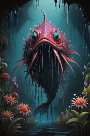 Stylized, intricate, detailed, artistic, dripping paint, terrifying fishmonster, flowers, enchanted forest, creepy aesthetic,