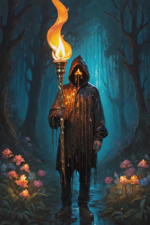 Stylized, intricate, detailed, artistic, dripping paint, (holding torch), flowers, enchanted forest, creepy aesthetic,