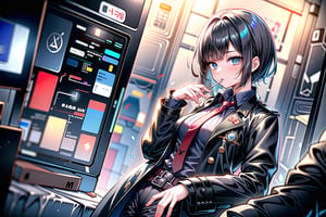 a beautiful confident asian girl with short black hair shaved on one side, wet hair, one (mechanical arm+), wearing brown trenchcoat, (black shirt++), (maroon tie++), (smoking a cigarette++), cyberpunk aesthetic, police, (detective+++), raining, at night (dark), under bridge, police cars, police sirens (red and blue), (red and blue neon lights), tokyo

foggy at background, depth of field, bokeh, into the dark, deep shadow, cinematic, masterpiece, best quality, high resolution,cyberpunk style,1 girl
