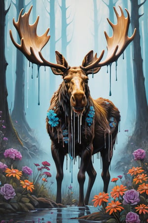 Stylized, intricate, detailed, artistic, dripping paint, zombie moose, flowers, enchanted forest, creepy aesthetic,