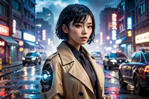 a beautiful asian girl with short black hair and a robotic arm, smoking a cigarette, cyberpunk aesthetic, police, (detective+++), wearing brown trenchcoat, raining, at night (dark), on crime scene, police cars, police tape, police sirens (red and blue),

foggy at background, depth of field, bokeh, into the dark, deep shadow, cinematic, masterpiece, best quality, high resolution