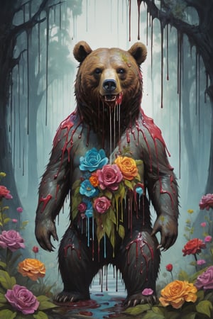 Stylized, intricate, detailed, artistic, dripping paint, zombie bear, flowers, enchanted forest, creepy aesthetic,