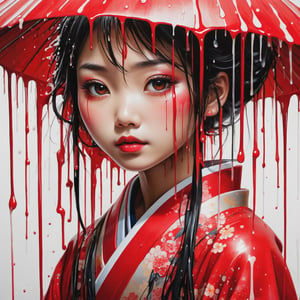 Stylized, intricate, detailed, artistic, dripping paint, japanese girl, red,